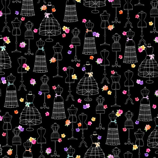 Amour De Fleur by Ink & Arrow Dress Forms on Black 27054J Cotton Woven Fabric