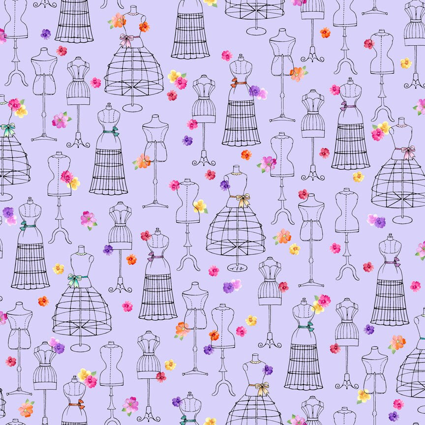 Amour De Fleur by Ink & Arrow Dress Forms on Lavender 27054L Cotton Woven Fabric