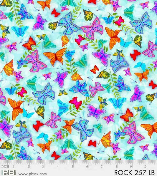 Rock Garden by Teresa Ascone Light Blue Butterflies ROCK257LB Digitally Printed Cotton Woven Fabric