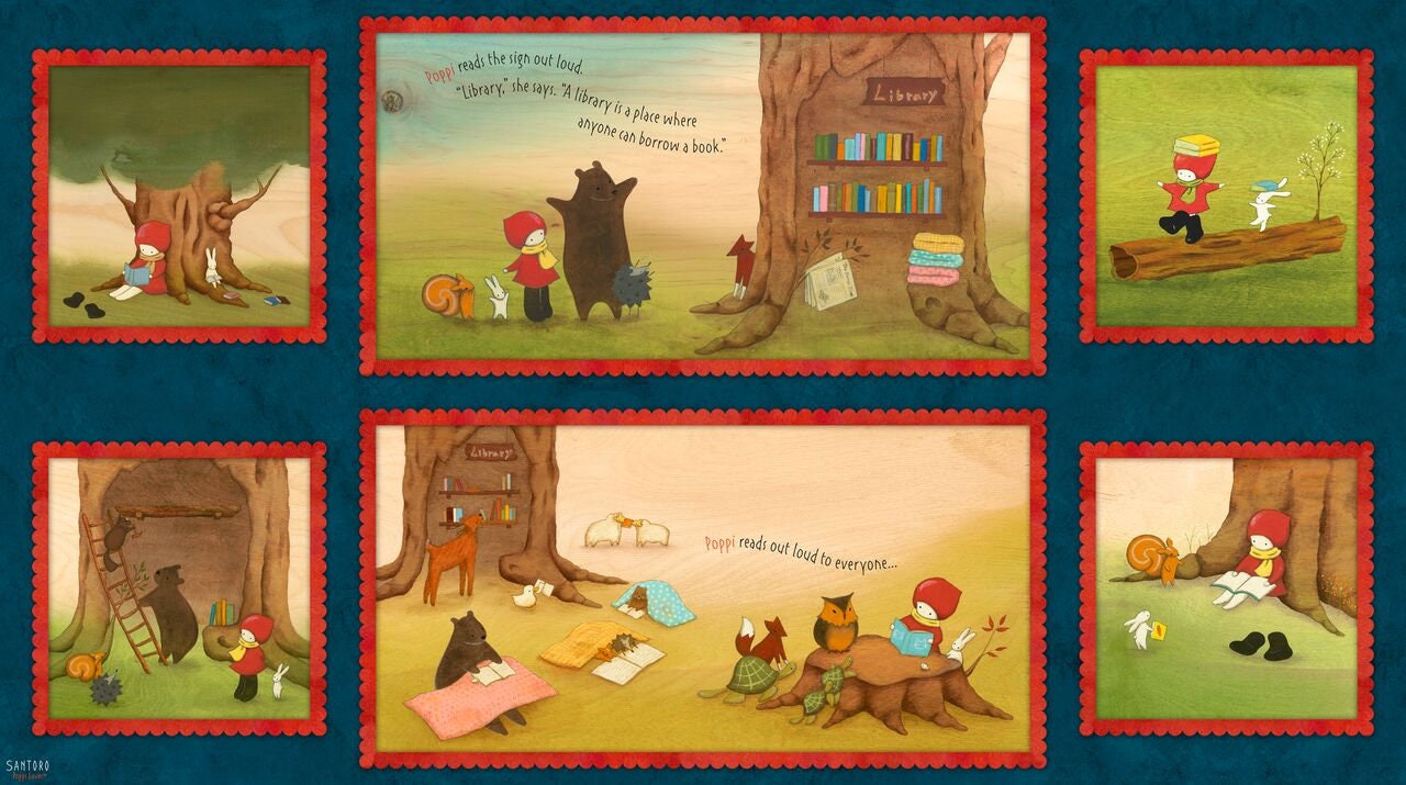 Reading Together Licensed by Santoro Poppi Loves 24" Panel Picture Patches  26880N Cotton Woven Panel