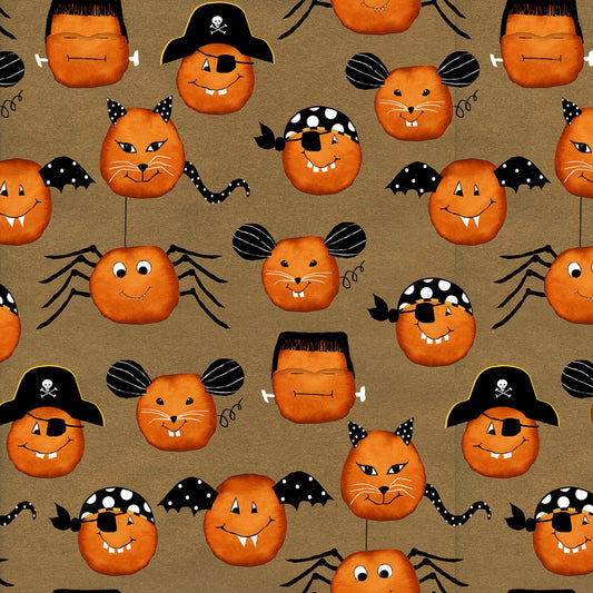 Cheekyville Brown Large Pumpkin Faces 4669S-30 Cotton Woven Fabric