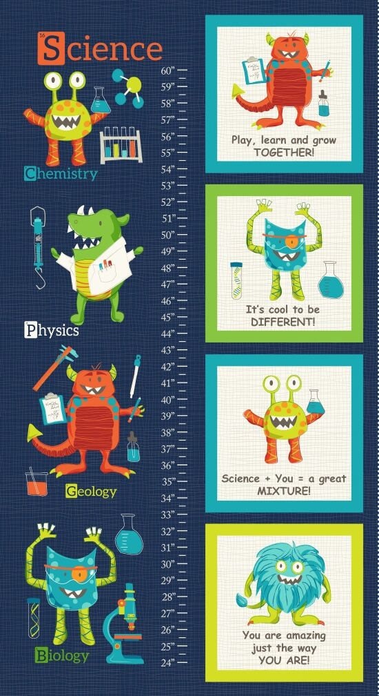 Monster Lab by Dana Saulnier of the Patterned Peacock Growth Chart 24" Panel 4431P-77 Cotton Woven Panel