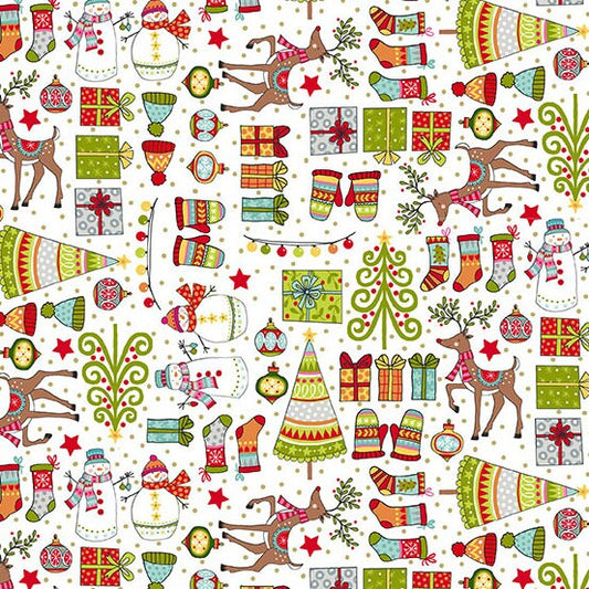Festive Mini Icons on White TP-2122-1 Cotton Woven Fabric