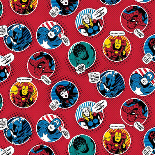 Licensed Marvel Comic Pop Power Red Marvel Power Badges 13020508-1 Cotton Woven Fabric