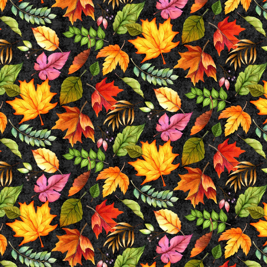 Happy Gatherings by Lola Molina Black Tossed Leaves 32055-978 Cotton Woven Fabric