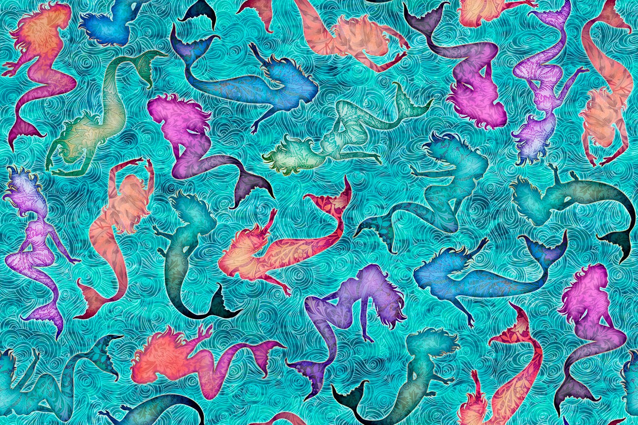 Sea Serenade Turquoise Tossed Mermaids 27192Q Cotton Woven Fabric