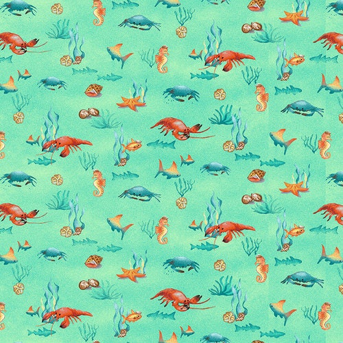 Salty Dogs Aqua Mini Novelty Crabs & Shells 4706-67 Cotton Woven Fabric