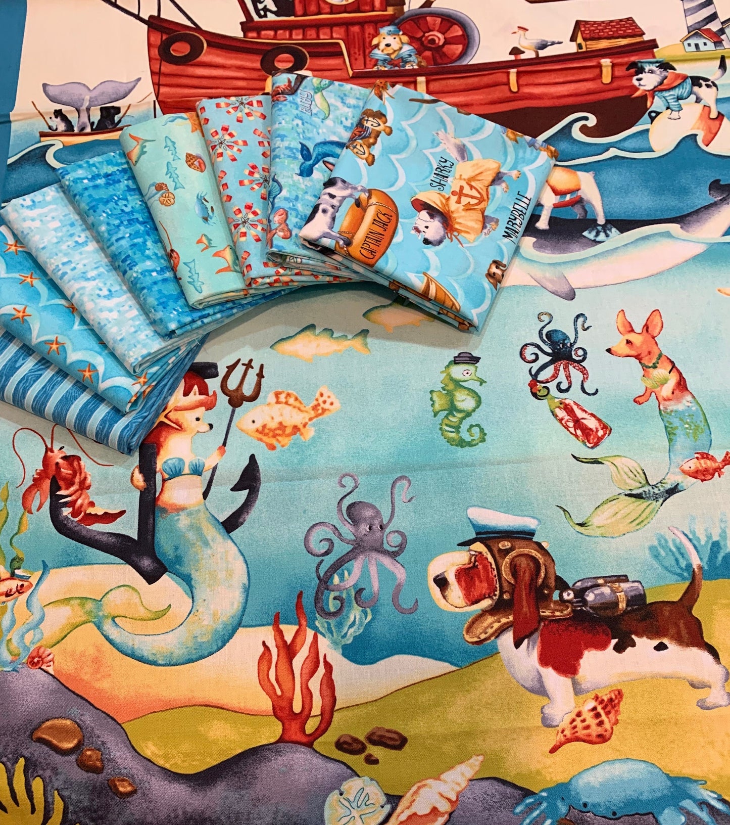 Salty Dogs Aqua Mini Novelty Crabs & Shells 4706-67 Cotton Woven Fabric