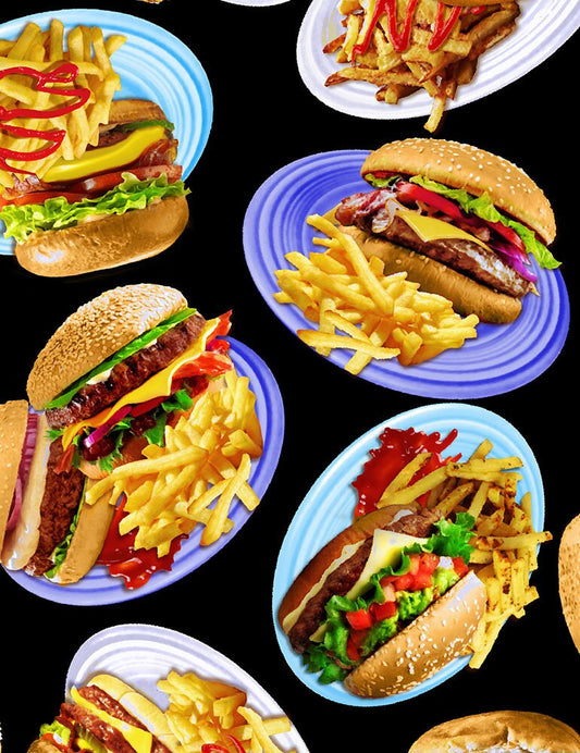 Burger and Fries MICHAEL-C6973-Black Cotton Woven Fabric