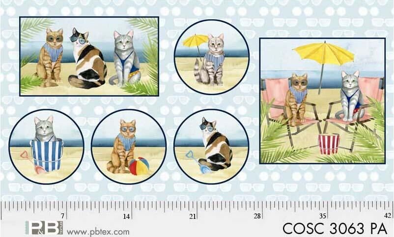 Coastal Kitty and Hot Dogs by World Art Group Multi Kitty 24" Panel COSC3063PA Cotton Woven Panel