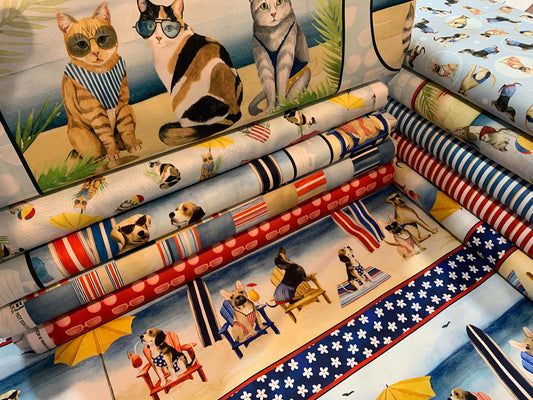 Coastal Kitty and Hot Dogs by World Art Group Multi Kitty Border Stripe COSC3064MU Cotton Woven Fabric