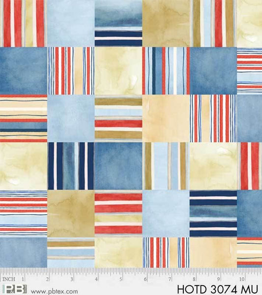 Coastal Kitty and Hot Dogs by World Art Group Multi Stripe Squares HOTD3074MU Cotton Woven Fabric