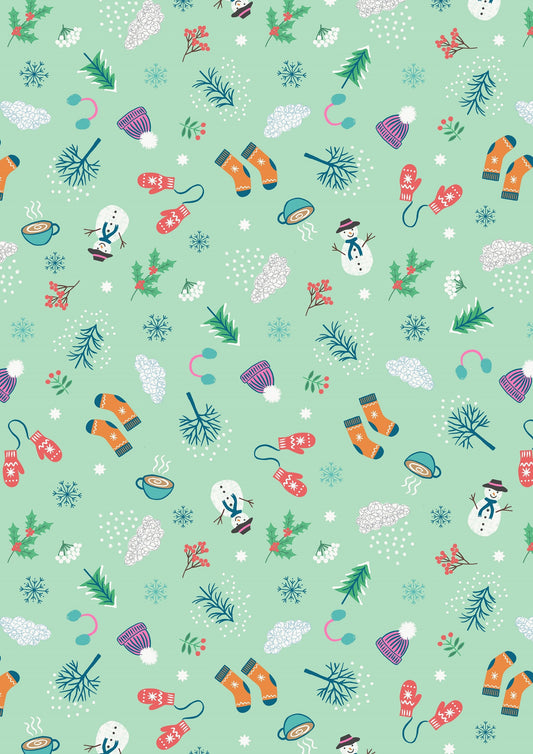 Whatever the Weather Winter on Soft Green  A371.1 Cotton Woven Fabric