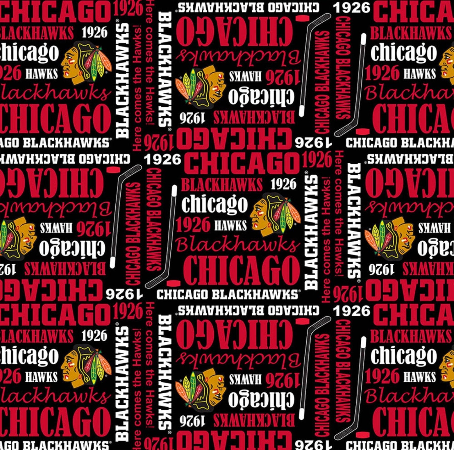 Licensed NHL Hockey Chicago Blackhawks Allover on Cotton 1138BLK  Cotton Woven Fabric