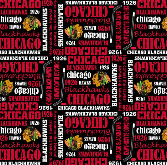 Licensed NHL Hockey Chicago Blackhawks Allover on Cotton 1138BLK  Cotton Woven Fabric