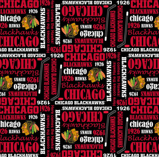 Licensed NHL Hockey Chicago Blackhawks Allover on Cotton 1138BLK Cotton Woven Fabric