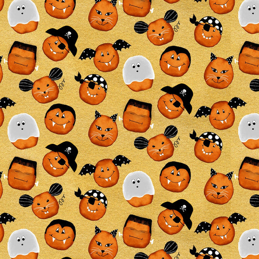 Cheekyville Gold Pumpkin Faces 4664S-44 Cotton Woven Fabric