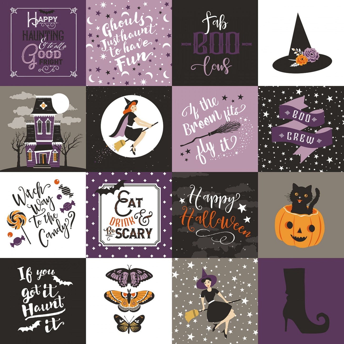 Fab Boo Lous Witches by Dani Mogstad Main Purple C8170R-PURPL (Blocks are 3" X 3") Cotton Woven Fabric