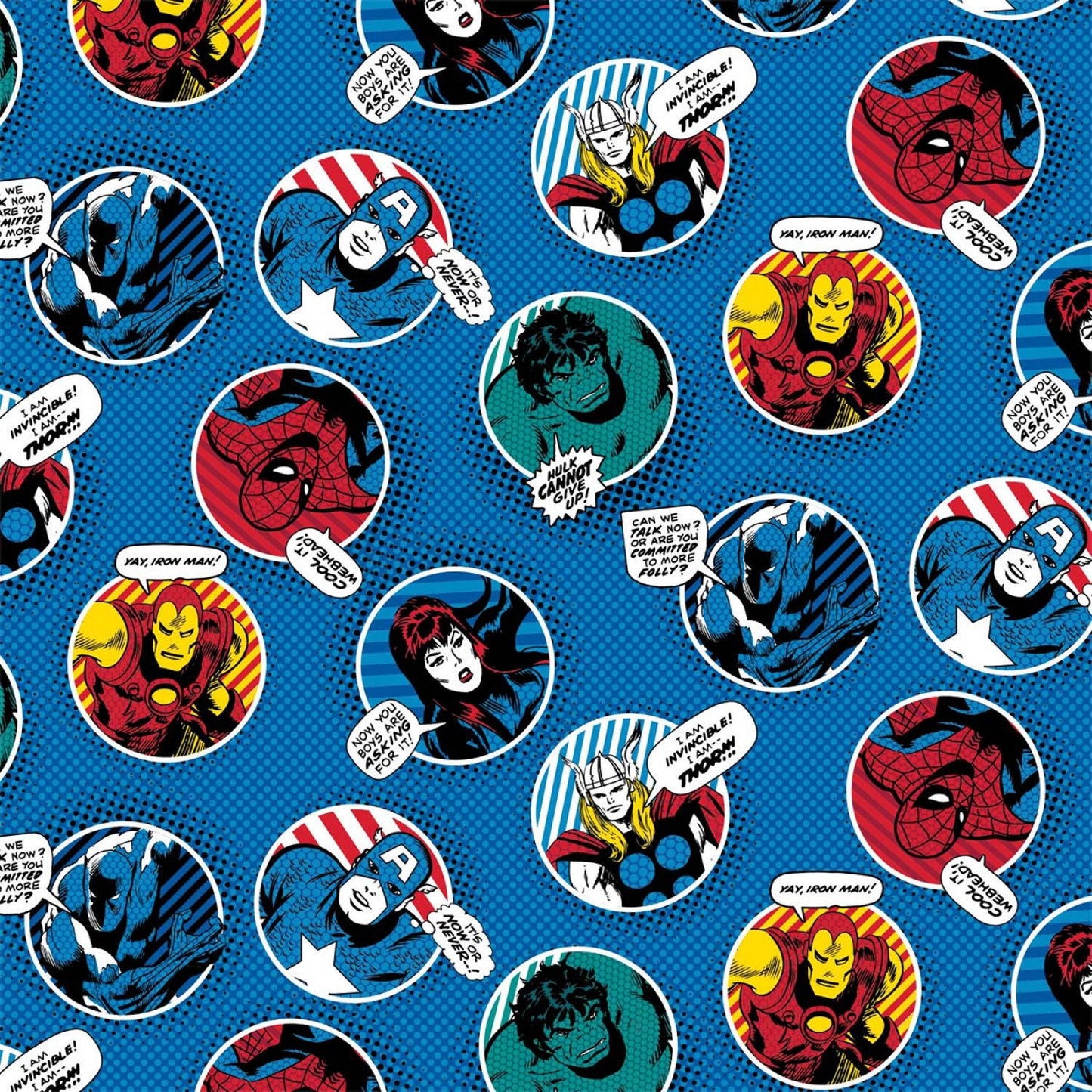 Licensed Marvel Comic Pop Power Blue Marvel Power Badges 13020508-2 Cotton Woven Fabric