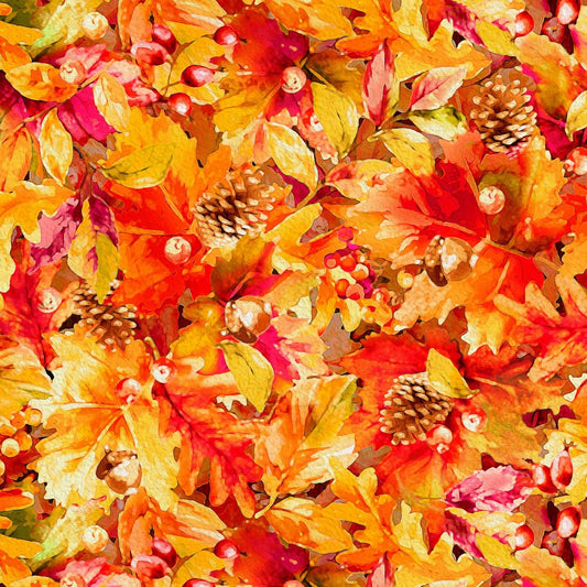 Autumn Tranquility Digital by Abraham Hunter Multi Leaves AUTR3046-MU Digitally Printed Cotton Woven Fabric