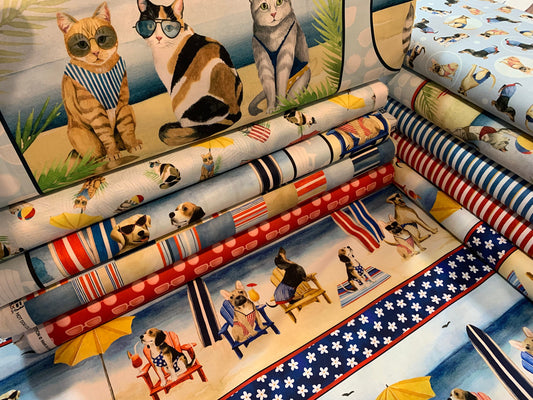 Coastal Kitty and Hot Dogs by World Art Group Multi Stripe Squares HOTD3074MU Cotton Woven Fabric