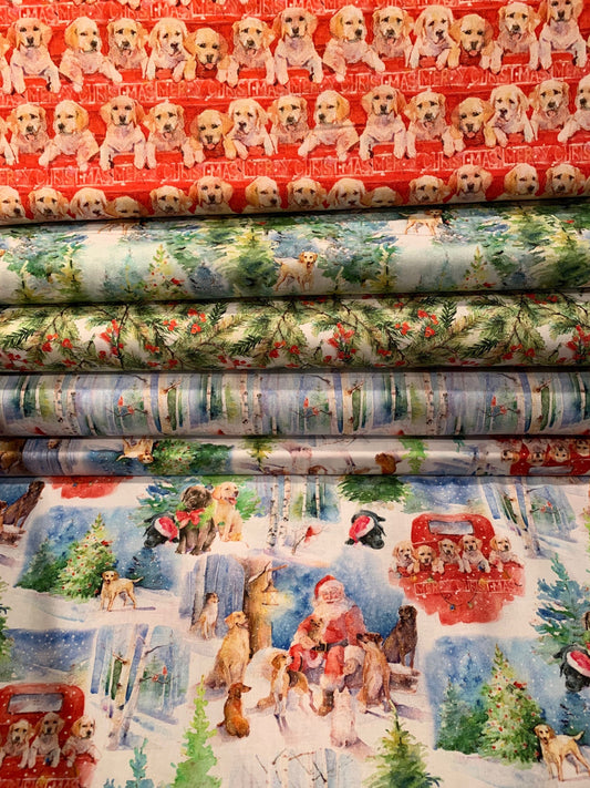 Santa's Helper Green Puppies in Trees 15125-GREEN Cotton Woven Fabric