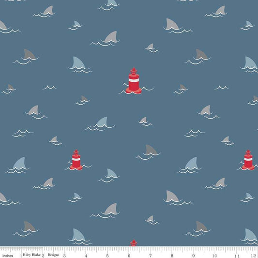 Fins, Sharks and Fins Novelty Navy Blue C9011-Navy Cotton Woven Fabric