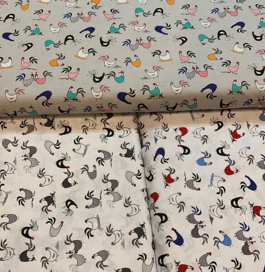 Tiny Chickens Colorful Chickens on White Y2684-1  Cotton Woven Fabric