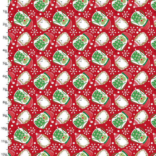 Winter Woodland Red Owls & Hedgehogs 15145-RED Cotton Woven Fabric