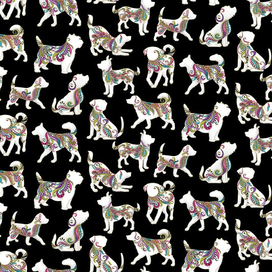 Dog On It by Ann Lauer Black Hot Diggity Large w/Metallic 6254MB-12 Cotton Woven Fabric