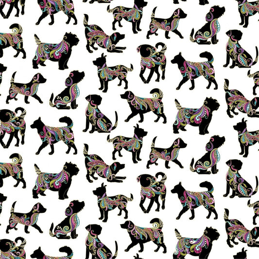 Dog On It by Ann Lauer White Hot Diggity Large w/Metallic 6254MB-09 Cotton Woven Fabric