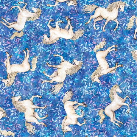 Mystical by Dan Morris Blue Tossed Unicorns 27379-B Cotton Woven Fabric