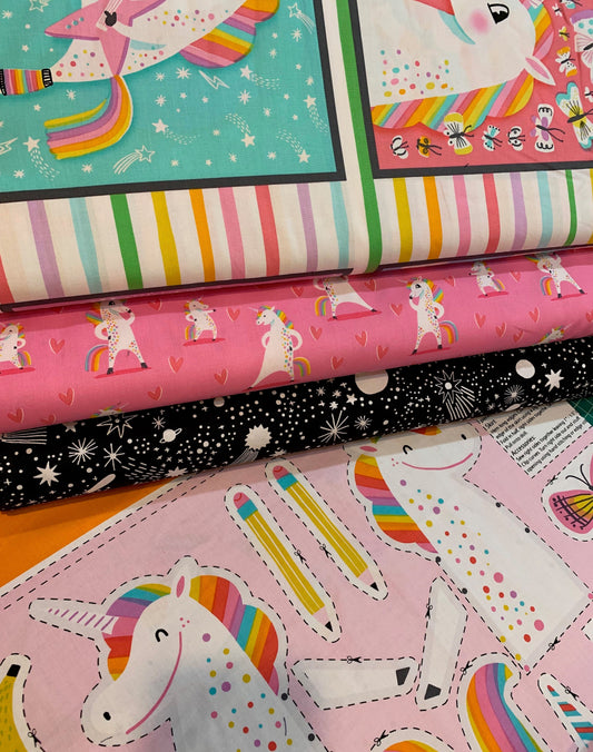 Magical Rainbow Unicorns AIL-19055-2 Black Cotton Woven Fabric