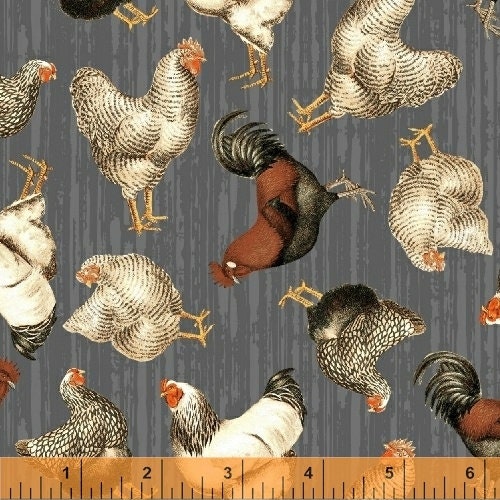 Early Bird by Whistler Studios Charcoal Tossed Chickens 51398-3 Cotton Woven Fabric