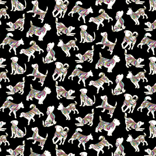 Dog On It by Ann Lauer Black Hot Diggity Small w/Metallic 6255MB-12 Cotton Woven Fabric