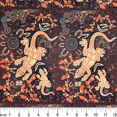 Man and Goanna Brown by Gary Reid MGBR Cotton Woven Fabric