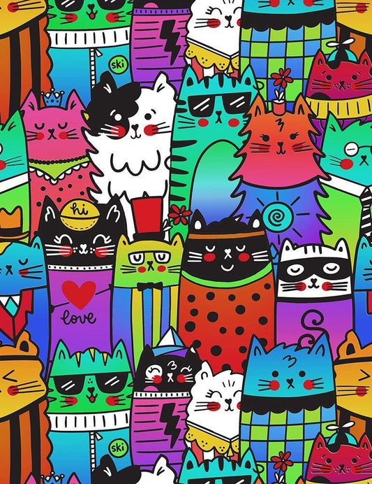 Packed Outline Cats Cat-C7580-Multi Cotton Woven Fabric