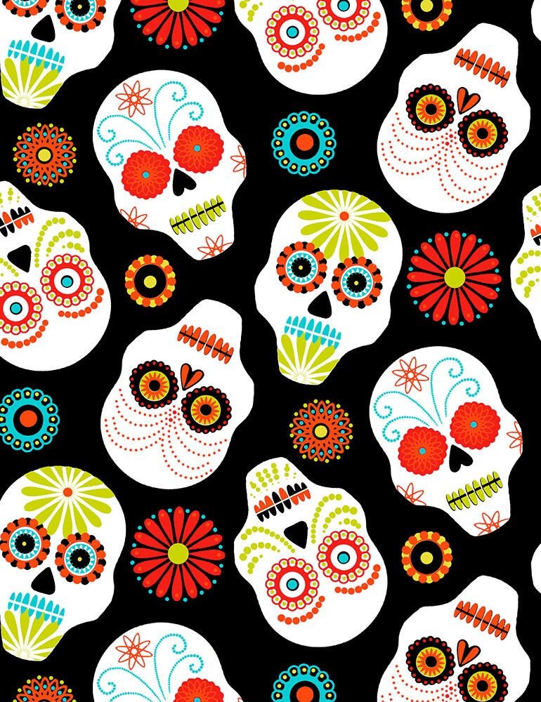 Floating Sugar Skulls Fun-C7792-Black Cotton Woven Fabric