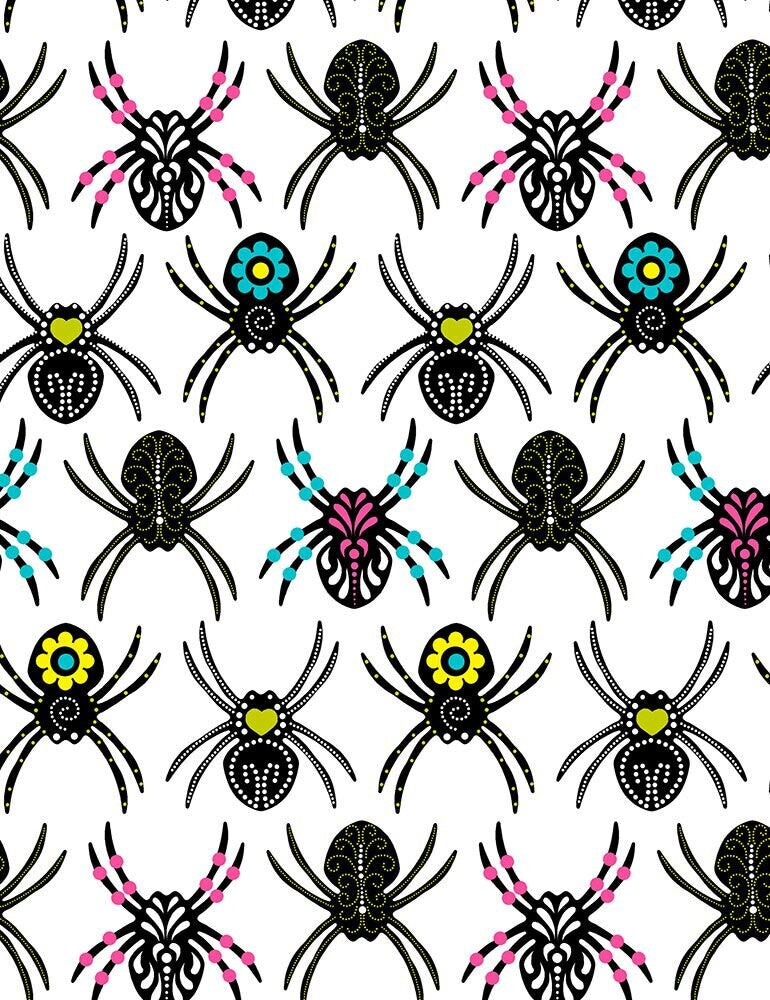 Sugar Skull Spiders Fun-C7793-White Cotton Woven Fabric