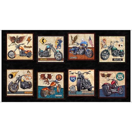 Easy Rider by Dan Morris 24" Panel 9.2" square Motorcycle Patch Black 27480J Cotton Woven Panel