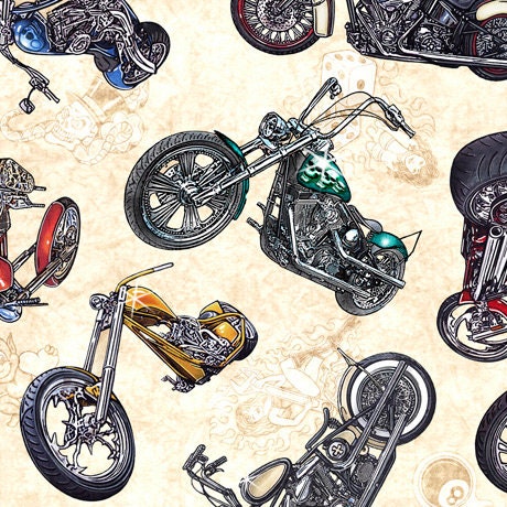 Last Piece 1 yard 32 inches Easy Rider by Dan Morris Motorcycle Toss Cream 27481E Cotton Woven Fabric