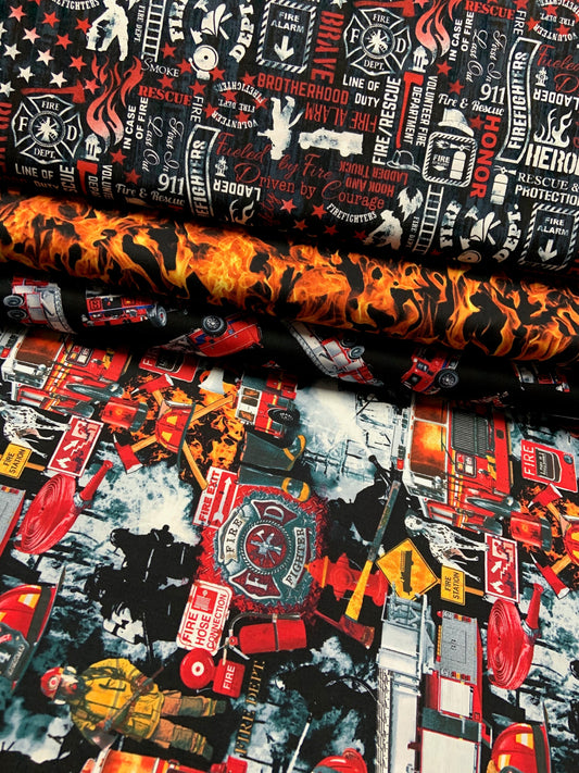 Fire and Rescue Tossed Fire Trucks Fire-C7733-Black Cotton Woven Fabric