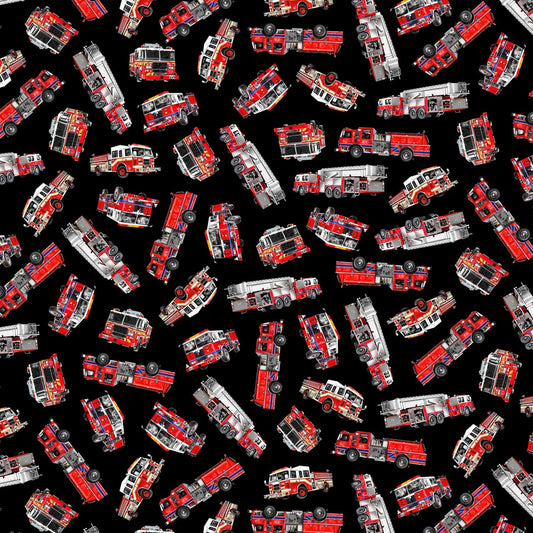 Fire and Rescue Tossed Fire Trucks Fire-C7733-Black Cotton Woven Fabric