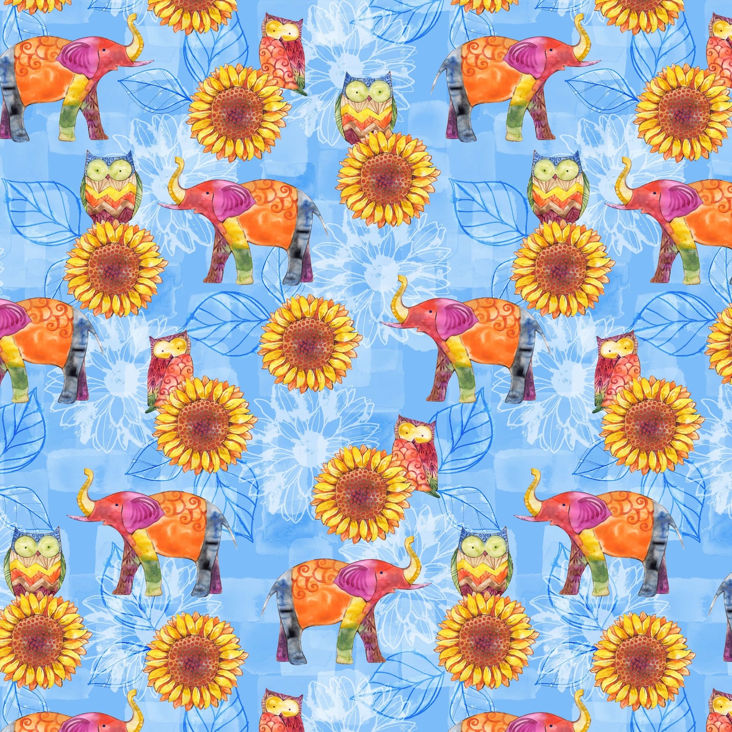 Color My World Elephant & Sunflower Allover Blue 4913-11 Cotton Woven Fabric