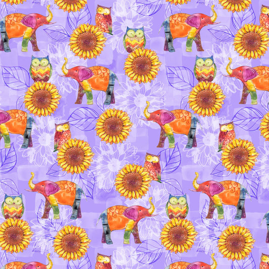 Color My World Elephant & Sunflower Allover Purple 4913-55 Cotton Woven Fabric