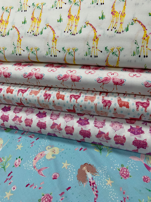 The Girls Collection by Laura Ashley White Sweet Giraffes 71190107-1 Cotton Woven Fabric