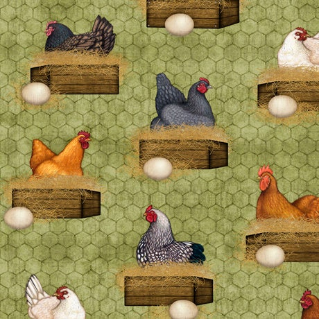 Sunrise Farms by Dan Morris Hens Nesting Moss 27420G Cotton Woven Fabric