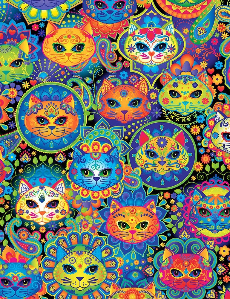 Bright Cat Sugar Skulls Cat Cat-C7817-Multi Cotton Woven Fabric