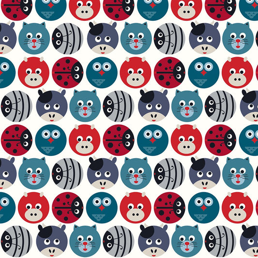Avalana Knits Circles with Heads of Animals, Birds & Insects in Multi Colors on Off White 19-188 Cotton/Spandex Knit
