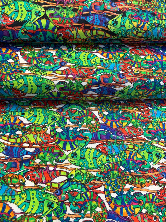 Color Me Chameleon Packed Chameleons on Black 27488-J Cotton Woven Fabric